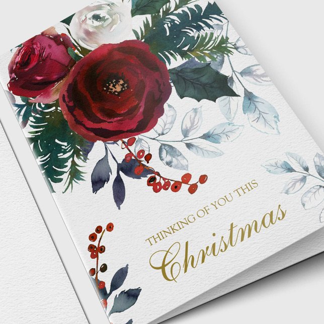 Christmas Winter Roses Sympathy Thinking of You Holiday Card (Christmas Watercolor Roses Thinking of You Remembrance Memorial Sympathy Cards)