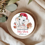 Christmas Winter Santa Baby Elephant Shower  Classic Round Sticker<br><div class="desc">This design may be personalised in the area provided by changing the photo and/or text. Or it can be customised by clicking Personalise this Template and then choosing the click to customise further option and delete or change the colour of the background, add text, change the text colour or style,...</div>