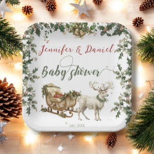 Christmas Winter Santa Baby Red Green Baby Shower Paper Plate