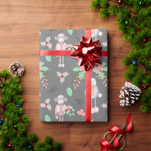 Christmas Winter Sheep On Grey Wrapping Paper