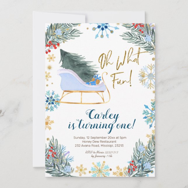 Christmas Winter Sleigh Oh What Fun Boy  Invitation (Front)
