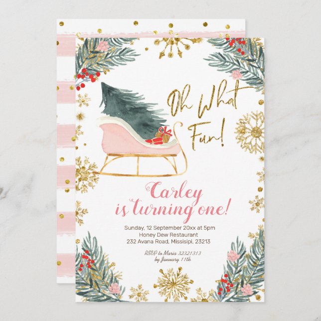Christmas Winter Sleigh Oh What Fun First Birthday Invitation (Front/Back)