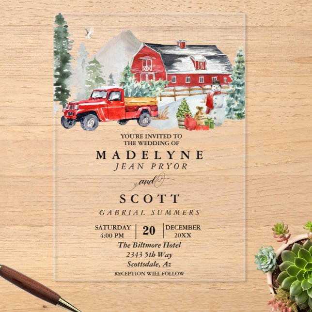 Christmas Winter Snow Barn Country Wedding Acrylic Invitations (Creator Uploaded)