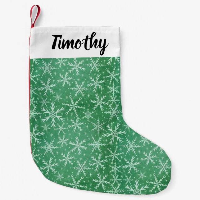 Christmas Winter Snow Snowflakes Falling Green Small Christmas Stocking (Front)