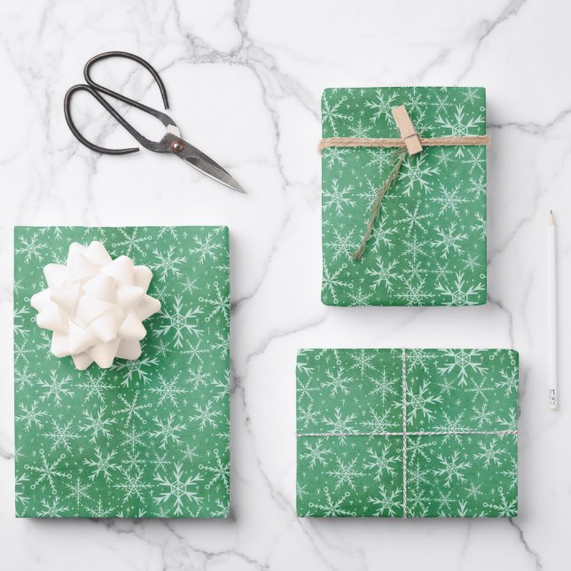 Christmas Winter Snow Snowflakes Falling Green Wrapping Paper Sheet (Front)
