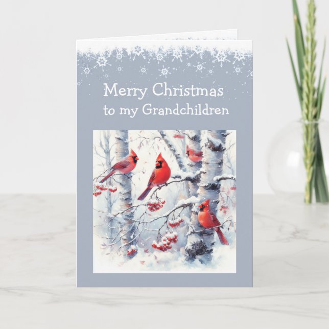 Christmas Winter Snow Trees Cardinal Grandchildren Holiday Card (Front)