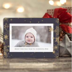 Christmas Winter Snowflakes   Gold Elegant Photo Holiday Card