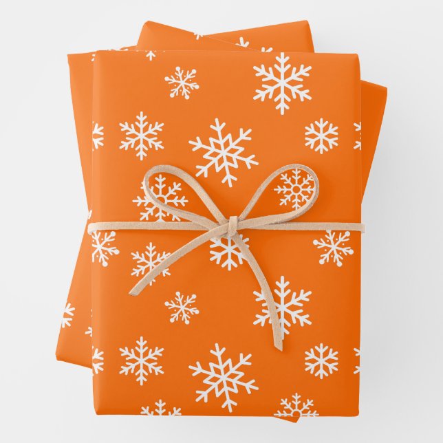 Christmas Winter Snowflakes Pattern Orange Wrapping Paper Sheet (In situ)
