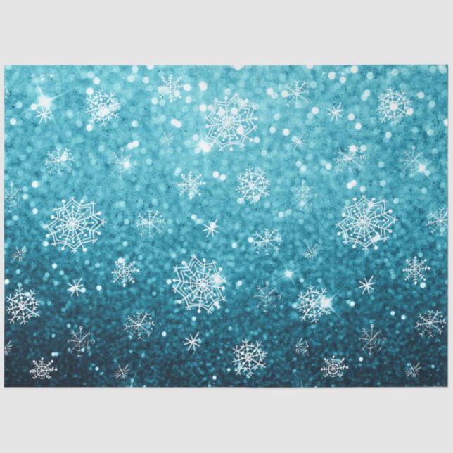 Christmas Winter Snowflakes Snowing w Blue Glitter Tissue Paper (Front)