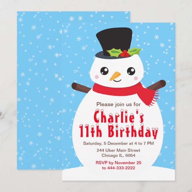 Christmas Winter Snowman Birthday Bright Blue Invi Invitation (Front/Back)