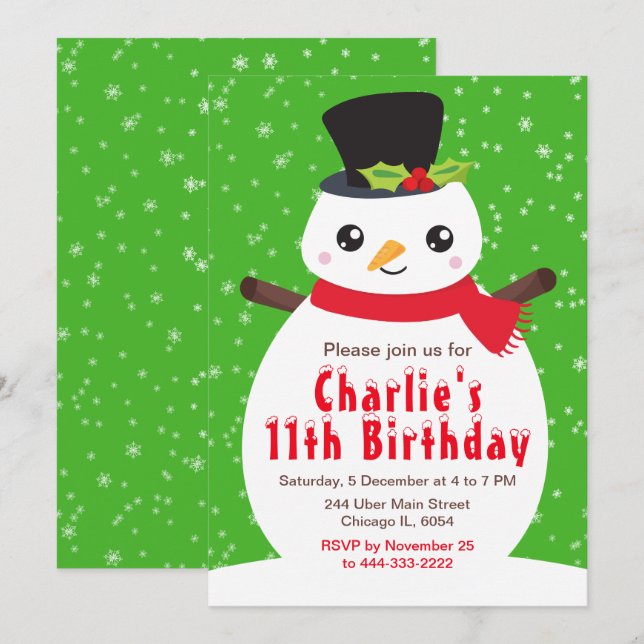 Christmas Winter Snowman Birthday Bright Green Inv Invitation (Front/Back)