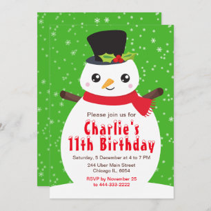 Christmas Winter Snowman Birthday Bright Green Inv Invitation