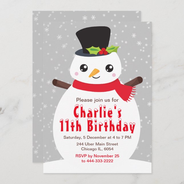 Christmas Winter Snowman Birthday Silver Grey Invi Invitation (Front/Back)