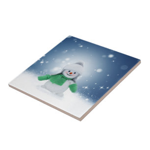 Christmas winter snowman SlipperyJoe green scarf m Ceramic Tile