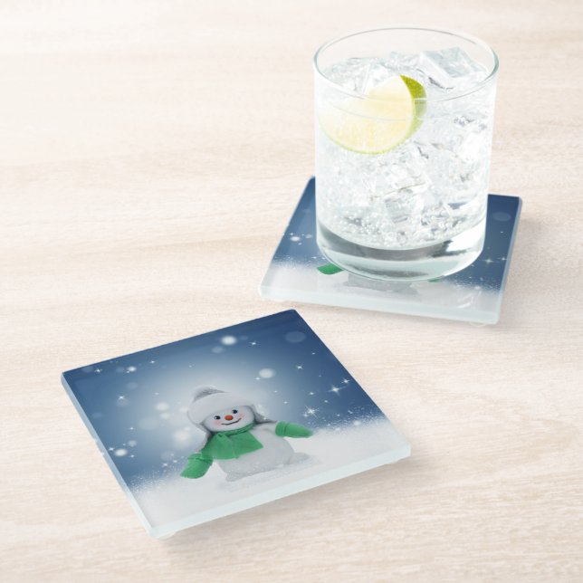 Christmas winter snowman SlipperyJoe green scarf m Glass Coaster (Angled)