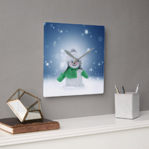Christmas winter snowman SlipperyJoe green scarf m Square Wall Clock