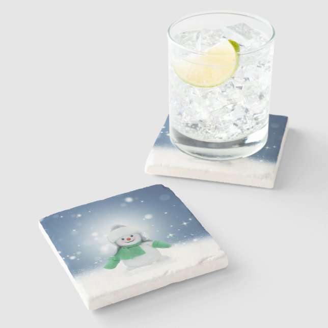 Christmas winter snowman SlipperyJoe green scarf m Stone Coaster (Side)