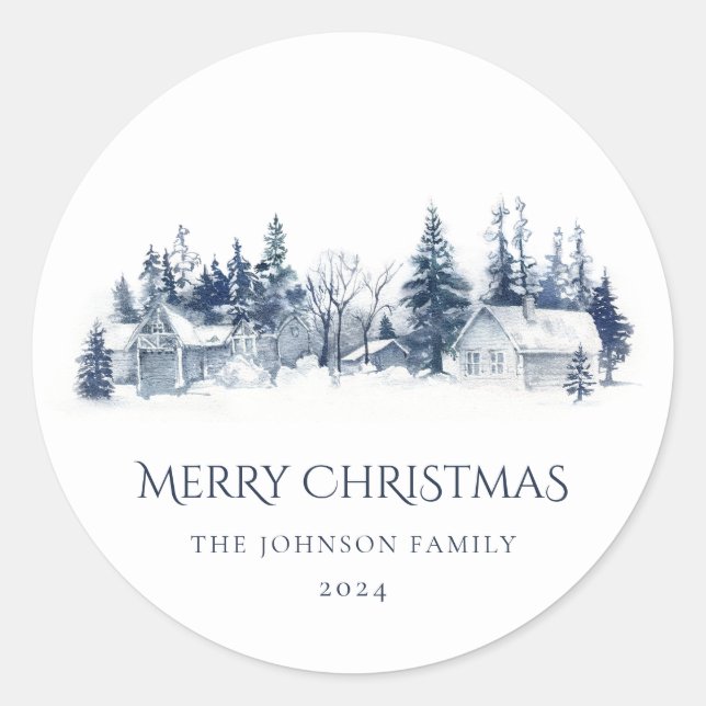 Christmas Winter Village Landscape Blue White Classic Round Sticker (Front)