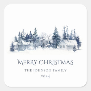 Christmas Winter Village Landscape Blue White Square Sticker