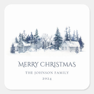 Christmas Winter Village Landscape Blue White Square Sticker