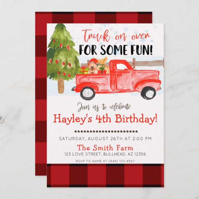 Christmas Winter Vintage Farm Truck Birthday Invitation (Front/Back)