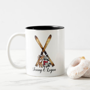 Christmas Winter Vintage Skis Racoon Dear Fawn Two-Tone Coffee Mug