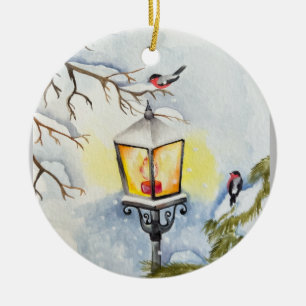 Christmas winter watercolor landscape ceramic ornament
