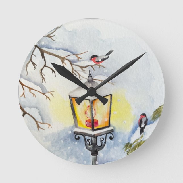 Christmas winter watercolor landscape round clock (Front)