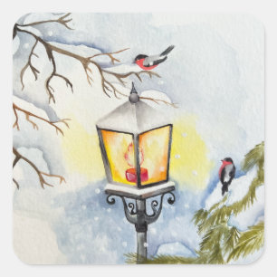 Christmas winter watercolor landscape square sticker