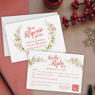 Christmas winter wedding floral wreath art QR RSVP Card