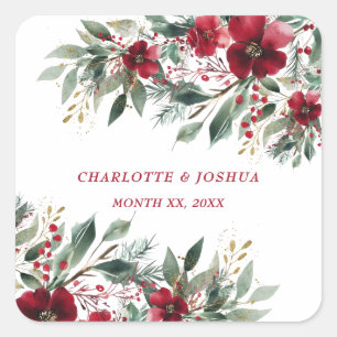 Christmas Winter Wedding Red Holly and Greenery Square Sticker