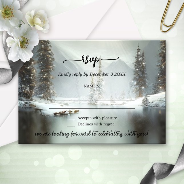 Christmas Winter Wedding RSVP Card (A winter wedding RSVP card featuring a snow covered landscape scene with festive lights.)