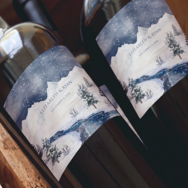 Christmas Winter Wedding Snow River Pine Trees Wine Label (Creator Uploaded)