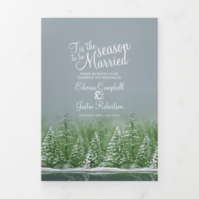 Christmas winter wedding trees lake green grey art Tri-Fold programme (Cover)