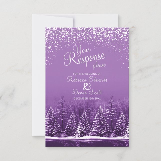 Christmas winter wedding trees purple reply card (Front)