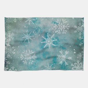 Christmas Winter White Snowflakes On Blue  Tea Towel