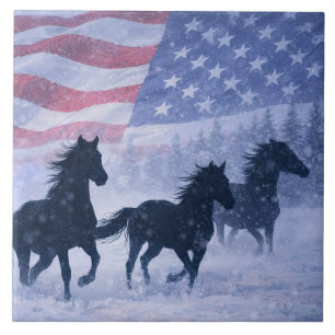 Christmas Winter Wild Horses American Flag Ceramic Tile