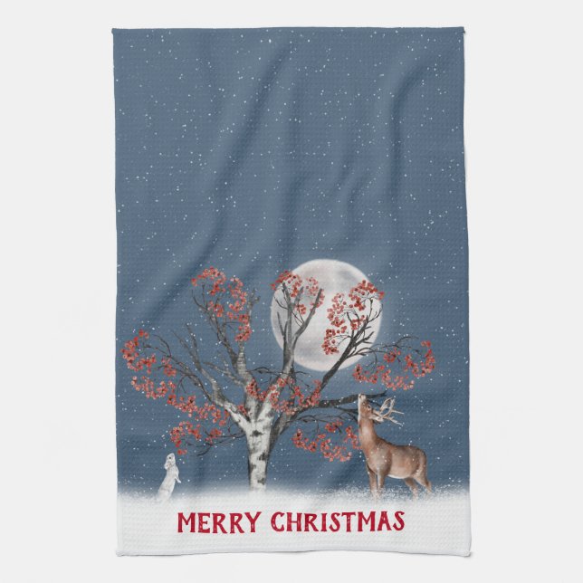 Christmas Winter Wildlife And Moon Tea Towel (Vertical)