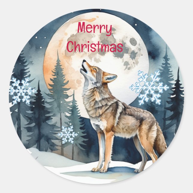 Christmas, Winter Wolf Snowy Forest Nature   Classic Round Sticker (Front)