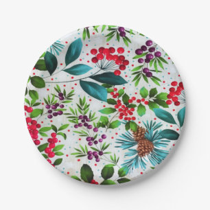 Christmas Winter Wood Nature Holly Berry Pinecones Paper Plate