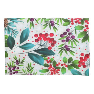 Christmas Winter Wood Nature Holly Berry Pinecones Pillowcase