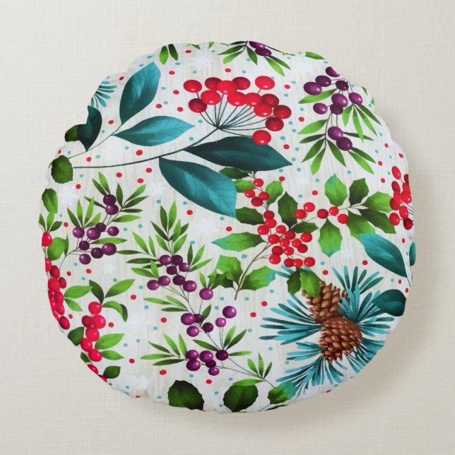 Christmas Winter Wood Nature Holly Berry Pinecones Round Cushion (Front)