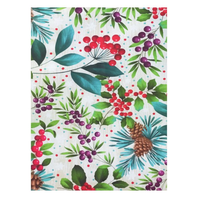 Christmas Winter Wood Nature Holly Berry Pinecones Tablecloth (Front)