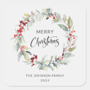 Christmas Winter Wreath of Red Berries Square Sticker