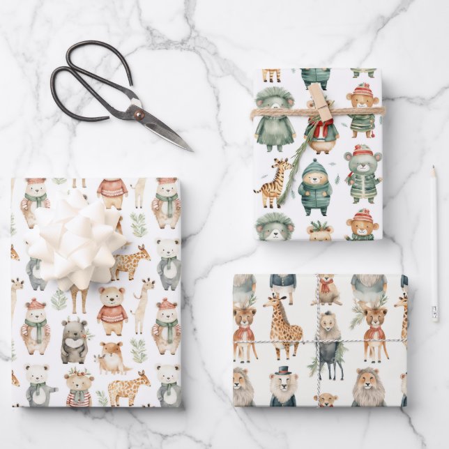 Christmas Winter Zoo Animals in Sweaters Wrapping Paper Sheet (Front)