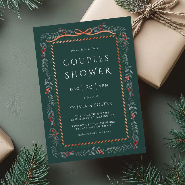 Christmas Winterberry Frame Couples Shower Green Invitation (Creator Uploaded)