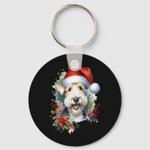 Christmas Wire Fox Terrier Dog Watercolor Artwork Key Ring