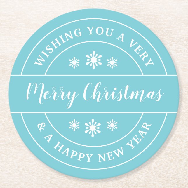Christmas Wish Snowflakes Blue Typography Round Paper Coaster (Front)