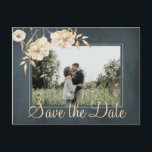 Christmas wishes and save the date wedding chic announcement postcard<br><div class="desc">Ivory cream watercolor dahlias flowers with botanical foliage on dark midnight blue elegant chalkboard style photo save the date wedding postcard with holiday wishes on the reverse.           Easy to personalise with your names and text!            Suitable for vintage romantic winter or autumn fall or bohemian themed weddings.</div>