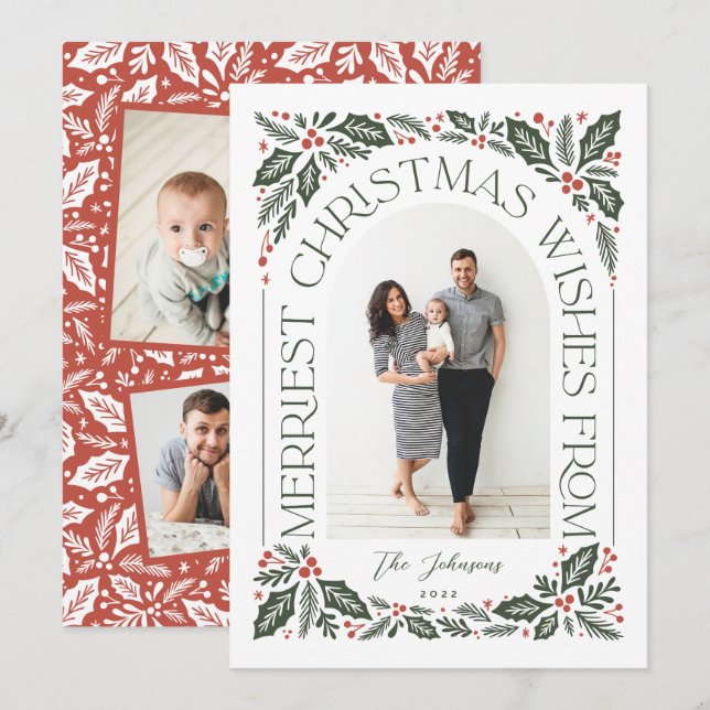 Christmas Wishes Arch with 3 Photo Collage Holiday Card (Front/Back)